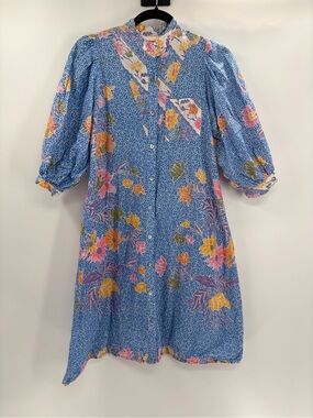 V.DE.VINSTER Floral Button Front Shirt Dress Blue Pink Boho Puff Sleeve Medium